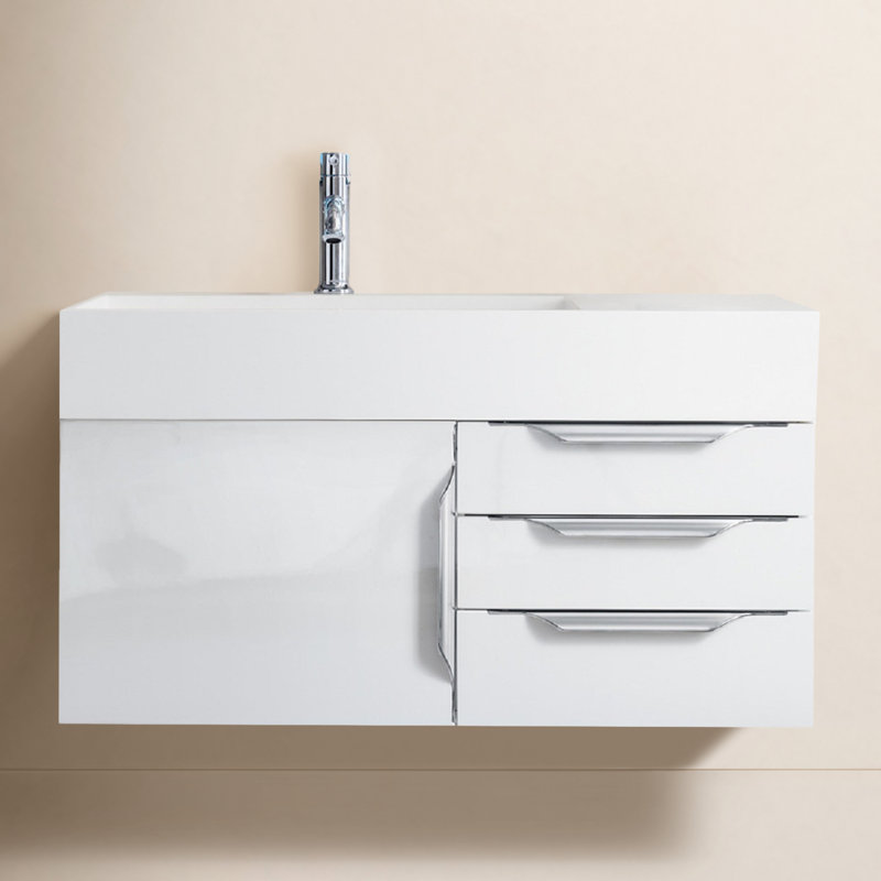 Meuble-lavabo simple l 36 po Mercer Island, Blanc brillant, Blanc brillant, Or rayonnant