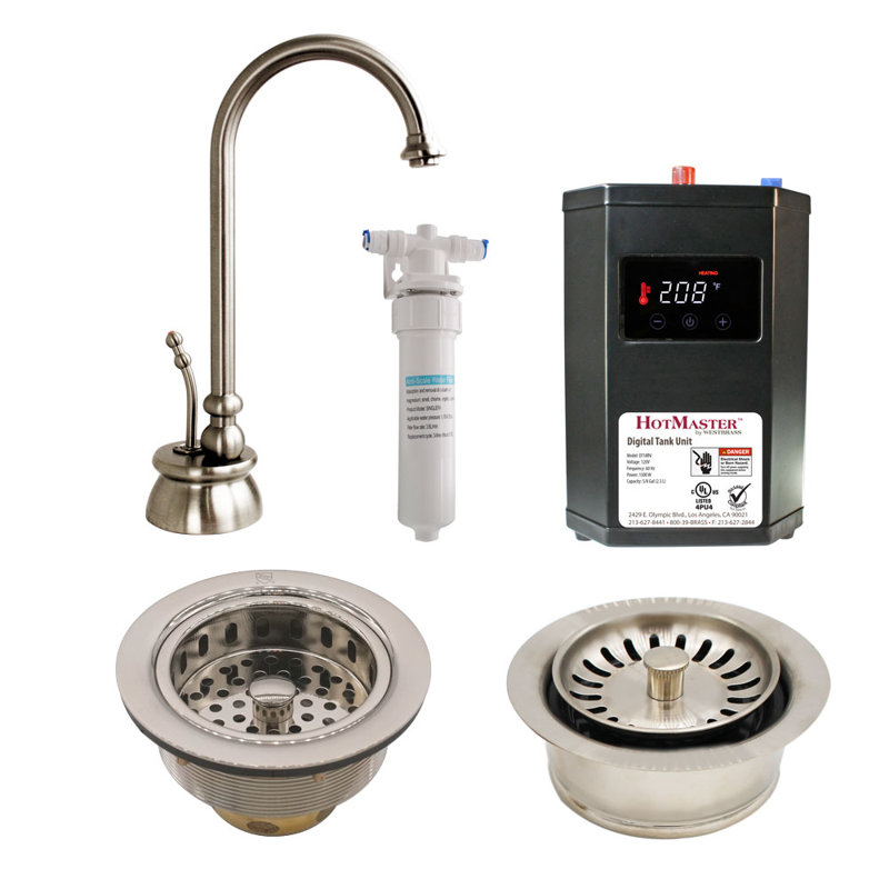 Calorah 10" 1-Handle Hot Water Dispenser with Heat Tank, In-Line Filter, Sink Drain & Disposal Trim, Satin Nickel