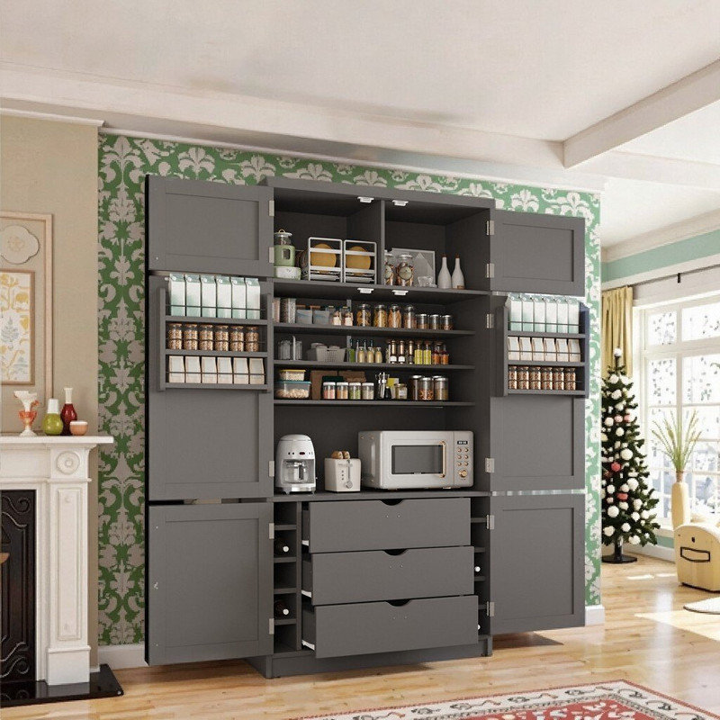 Kitchen Pantry Cabinet, 41.3" Wide Shaker Style Storage With Power Outlets & Adjustable Shelves, Gray