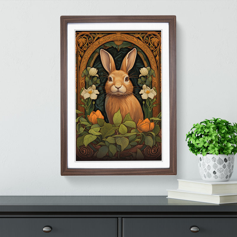 XYZ-FRM-V1223-5328 Rabbit Nouveau No.2 - Single Picture Frame Print on Wood, Walnut, 46cm H x 34cm W x 2cm D