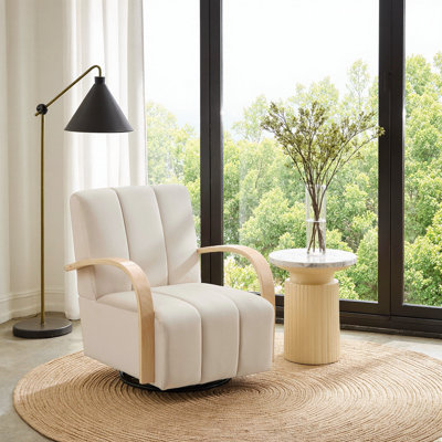 Stylish 360° Swivel Accent Chair with Solid Wood Armrests - Modern Channel Tufted Lounge Chair for Living Room, Office & Bedroom