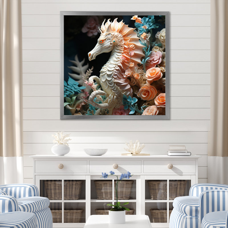 Hippocampe avec sanctuaire de fleurs - impression, H 36 po x l 36 po x P 1,5 po, Cadre simple argenté