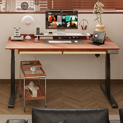 Brown+Black Rectangular Solid + Manufactured Wood+Steel with 2 drawers desk