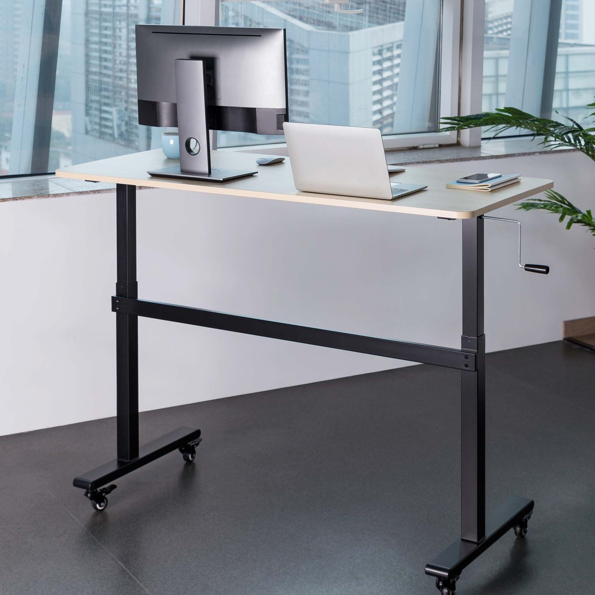 Tranzendesk 55 Side Crank Standing Desk - White - White Top / White Frame / White Shelf