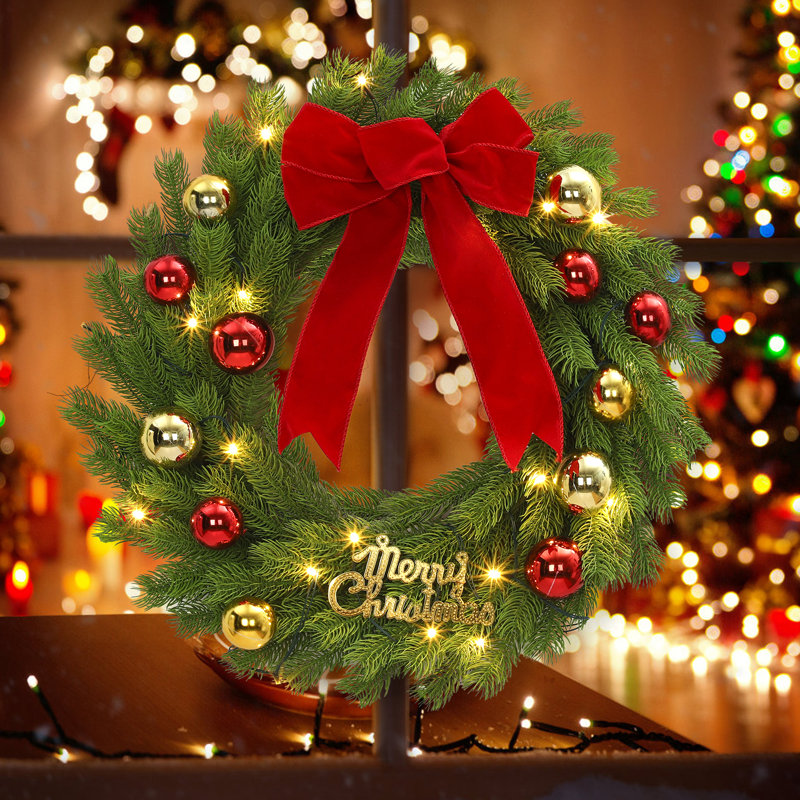 Couronne de Noël 24 pouces avec ruban, 20 lumières DEL rouges et vertes pré-éclairées, décoration des Fêtes