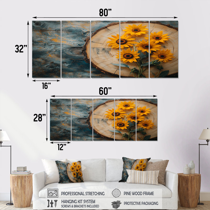 Décoration murale traditionnelle tournesols Donnivan - 5 pièces, H 32 po x l 80 po