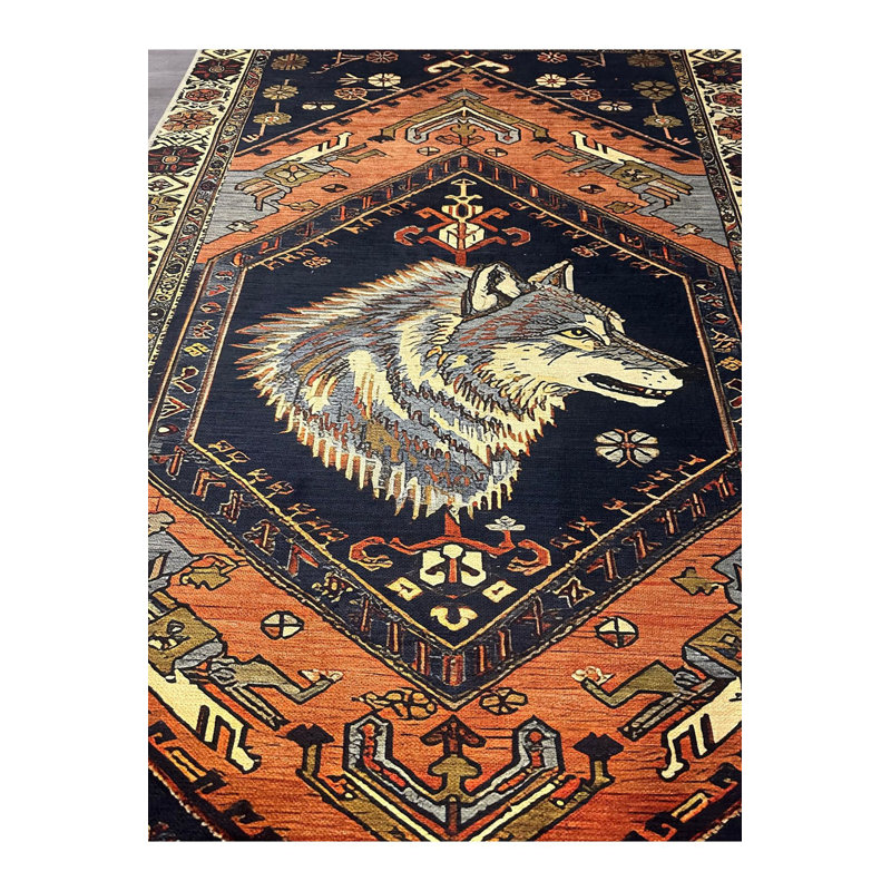 Tapis orange lavable à la machine à motif loup bleu marine, Sous-tapis rectangulaire 5 pi 1 po x 7 pi 7 po inc
