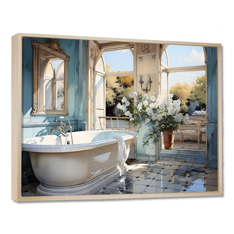 Bathroom Bathroom Reflections Of I - Impression sur toile encadrée, H 12 po x l 20 po x P 1 po, Cadre flottant érable