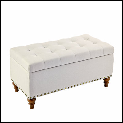 Ottoman storage bench, recessed support hinge top easy to open, rivet trim around, bedroom, entrance, living room, linen