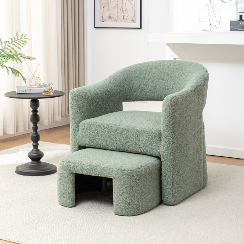 Fauteuil demi-tonneau avec repose-pieds, Imitation fourrure verte
