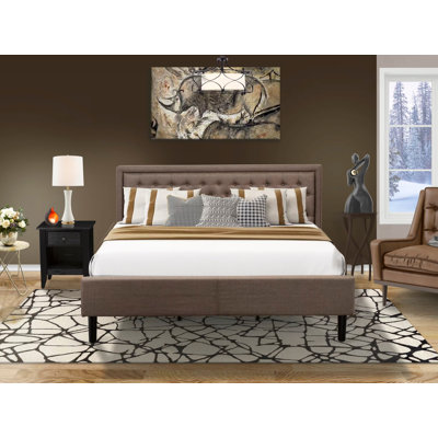 Ensemble de chambre à coucher 6 pièces pour très grand lit 2 pièces - 1 très grand lit, tête de lit capitonnée et capitonnée en tissu de lin brun avec 1 table de chevet - Table de chevet au fini noir brossé