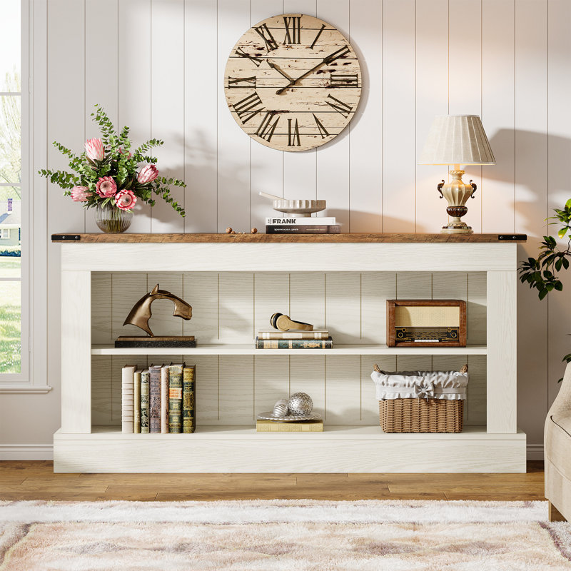 Meuble télé 63 po pour téléviseur de 75 po, meuble multimédia moderne avec rangement, Brun / Blanc
