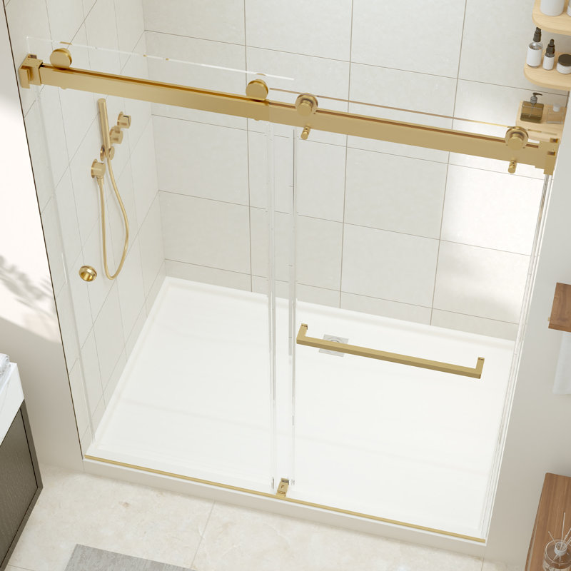 Porte de douche sans cadre de 140 à 150 cm de largeur x 183 cm de hauteur, cabine de douche coulissante double avec verre trempé de 8 mm, revêtement facile à nettoyer, finition or brossé