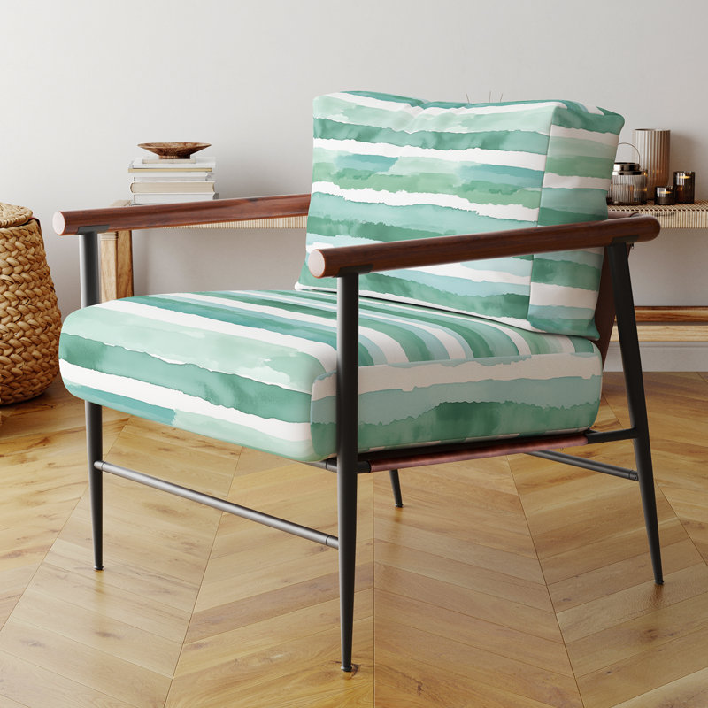 Chaise rembourrée Coastal - Fauteuil vert menthe à rayures brise menthe, Bras ronds bruns