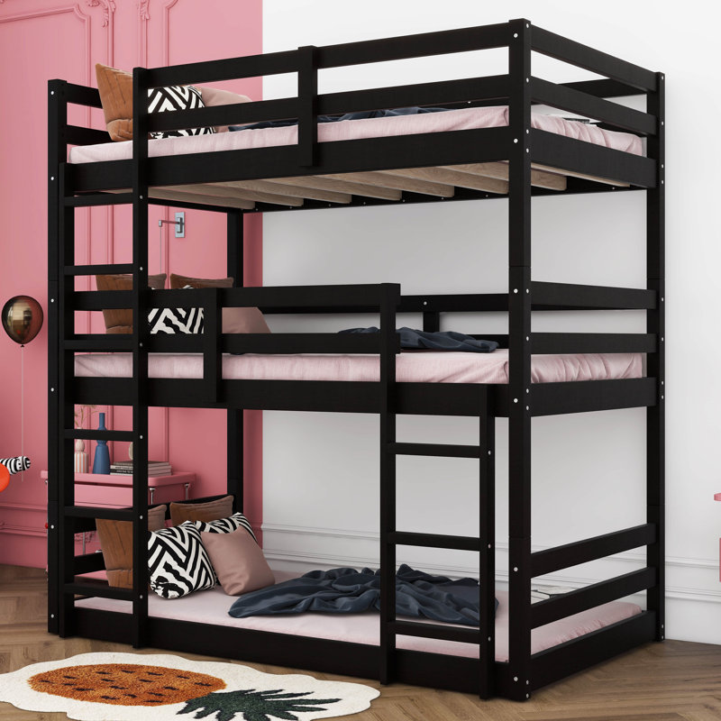 Lit superposé simple en bois d'hévéa avec échelles, Noir