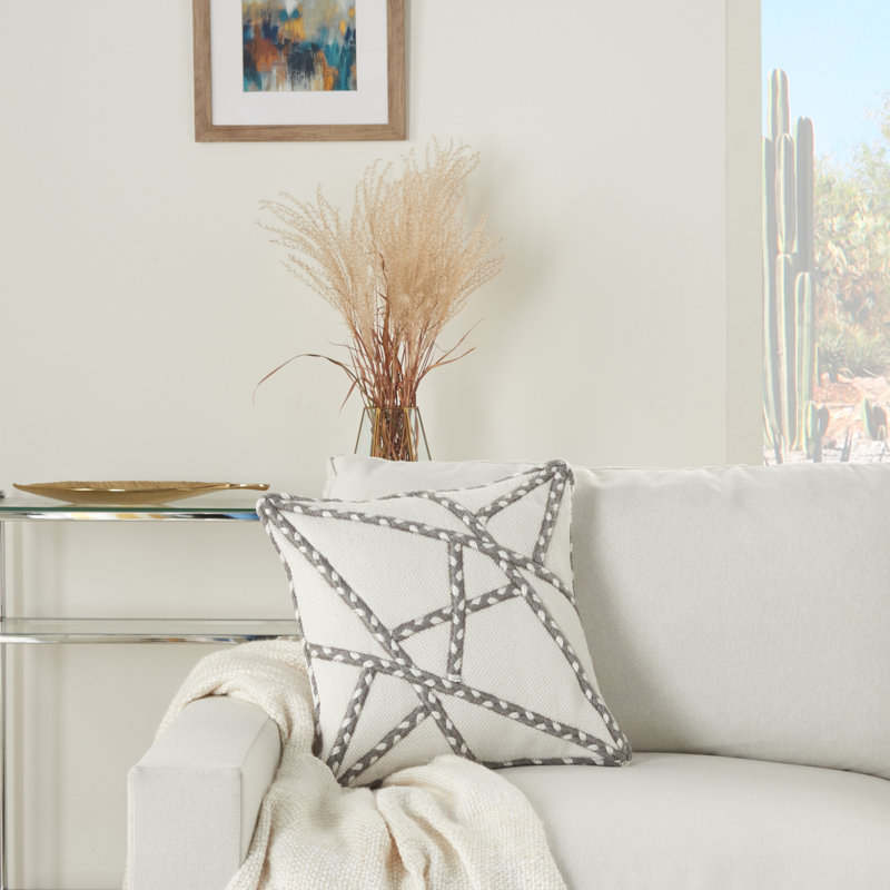 Gray and Ivory Geometric Embroidered 18" Square Throw Pillow