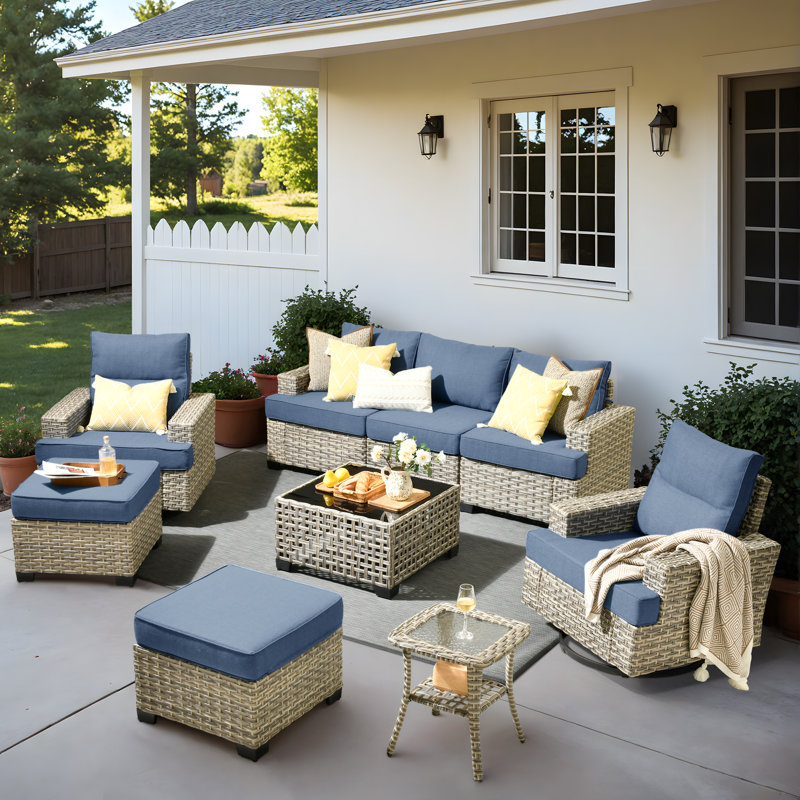 Carolle 8-Piece Outdoor Patio Furniture All-Weather 7-Person PE Wicker Outdoor Conversation Set, Patio Couch Swivel Rocker Chairs With Solar Powered Coffee Tables For Backyard,Poolside,Deck