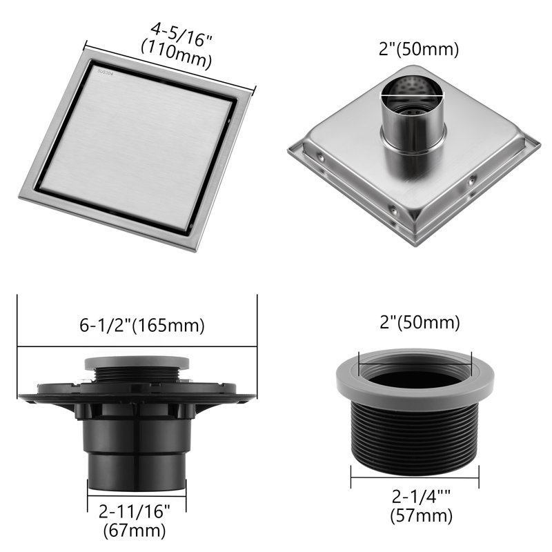 Drain de douche carré 4,33 po, Nickel brossé