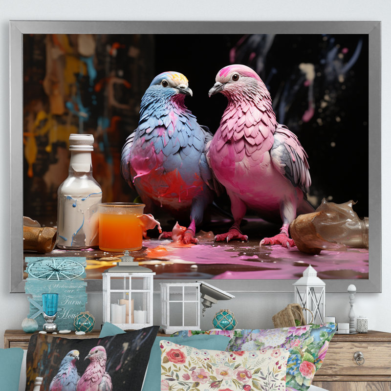 Gris et rose, pigeon sérénade II - art mural pigeon animal, Cadre de coin argenté fermé, H 30 po x l 40 po x P 1,5 po