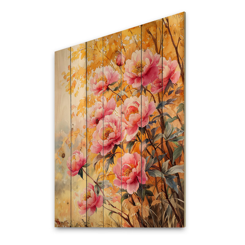 Pivoines dans la brise du verger II - Décoration murale en bois de pivoines - sur bois de pin naturel
