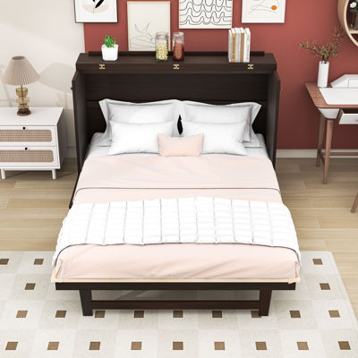 1 Drawer Queen Murphy Bed with Rattan Accents, Space-Saving Foldable Design