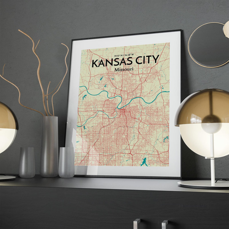 «Kansas City Map», reproduction d'impression sur affiche en beige, H 24 po x l 18 po