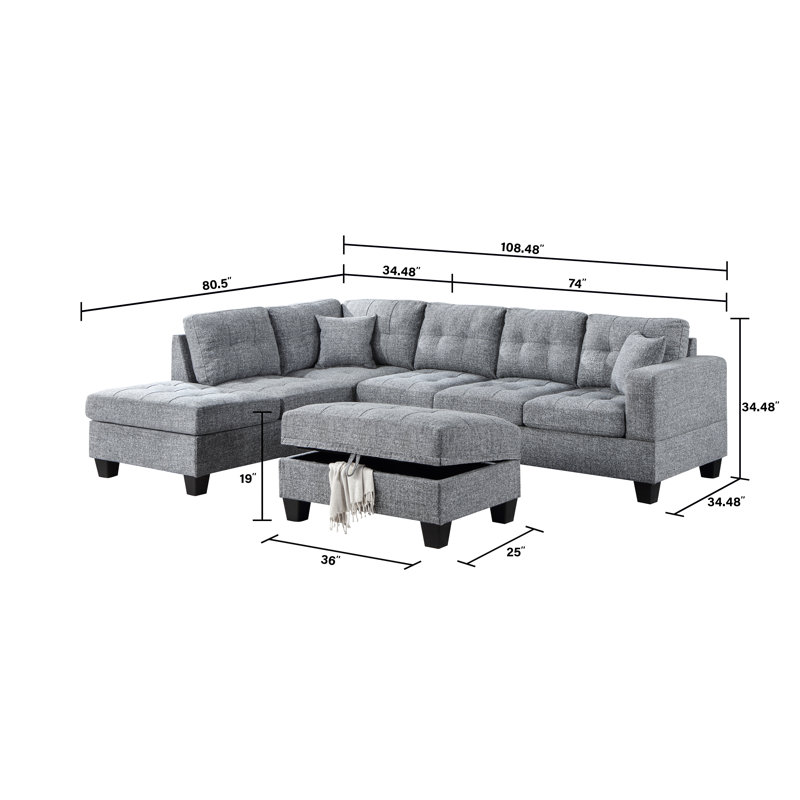 Azruddin Reversible Sectional Sofa with Storage Ottoman