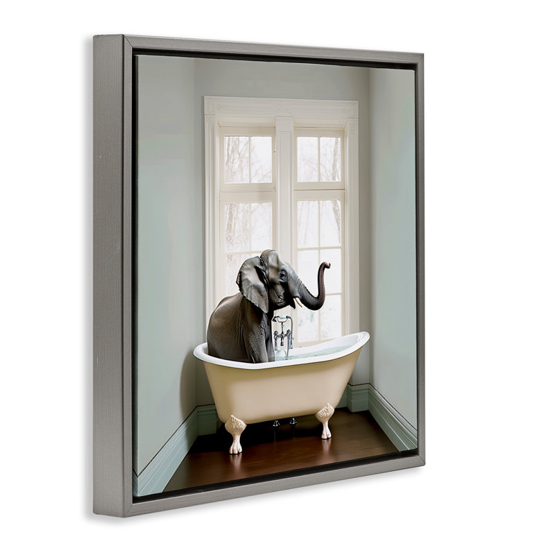 Cadre flottant Minimal Elephant Bathtime, design par Sasha, H 18 po x l 18 po, Cadre flottant gris lustré