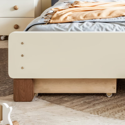 Lit plateforme simple avec tiroir de rangement, structure de lit simple en bois avec tête de lit ronde, aucun sommier nécessaire, beige et naturel profond