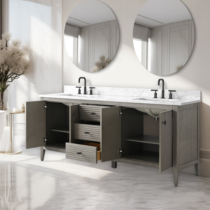Meuble-lavabo double 72 po avec plateau en marbre, Gris flottant linéaire, Noir mat