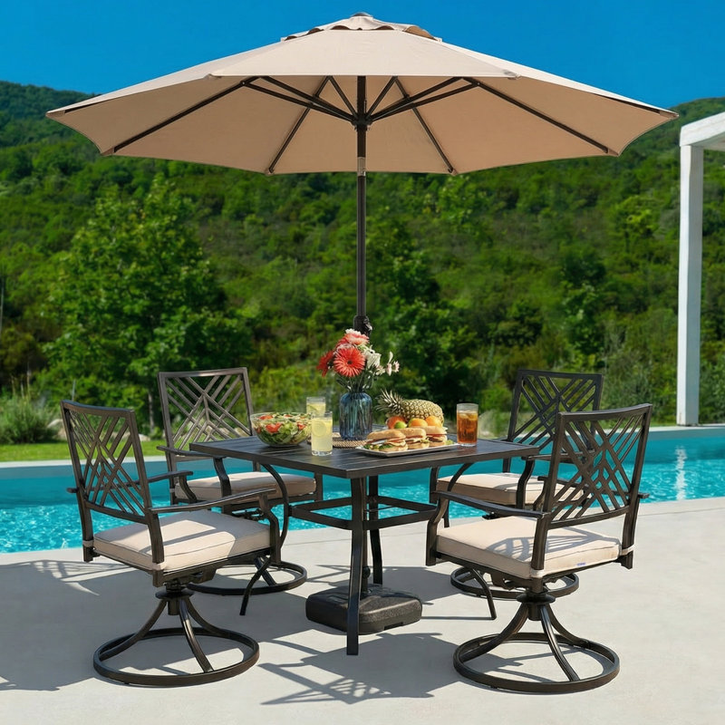  Ensemble de salle à manger 7 pièces avec coussins, parasol et chaises en textilène pour table et jardin