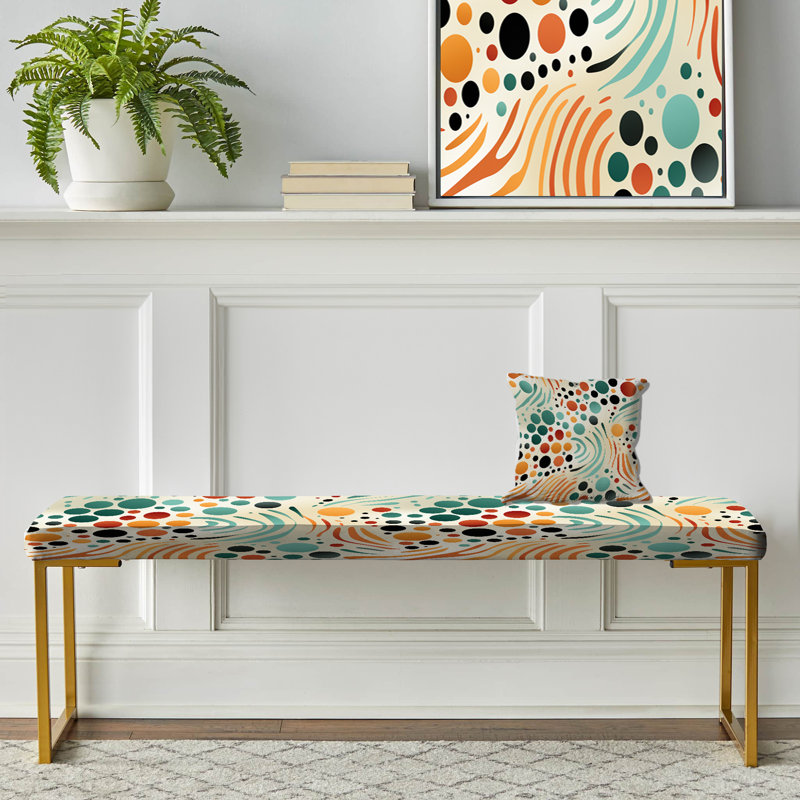 Multicolor Mid Century Pattern On Beige - Midcentury Upholstered Gold Bench