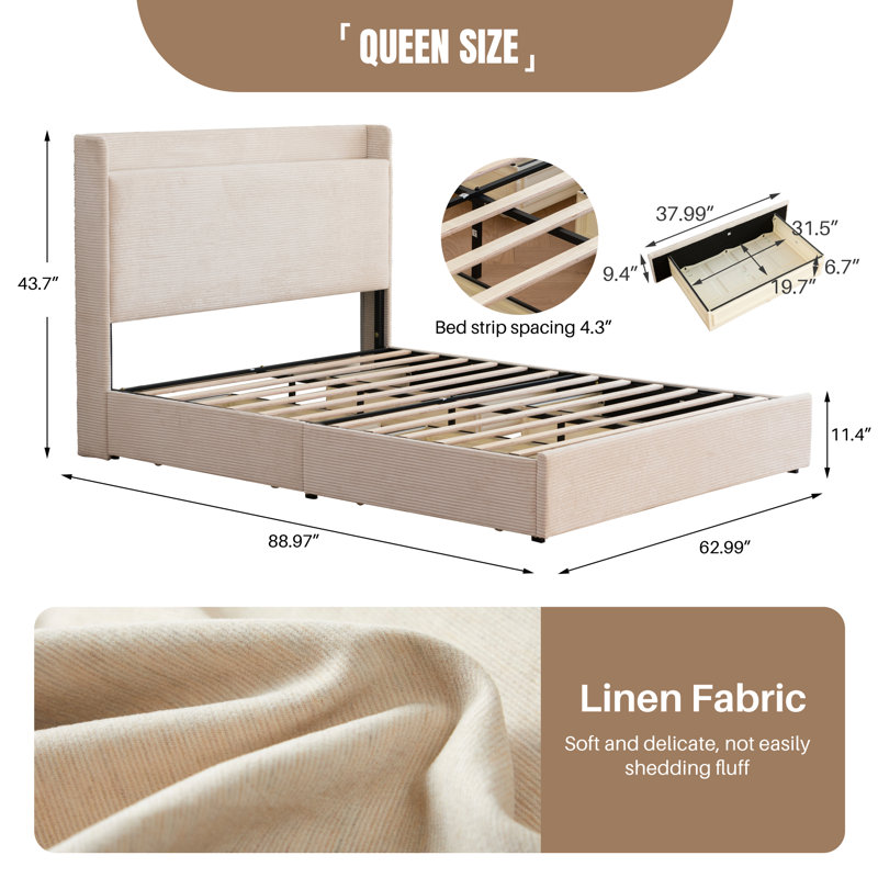 Sittard Upholstered Storage Platform Bed, Queen, Cream