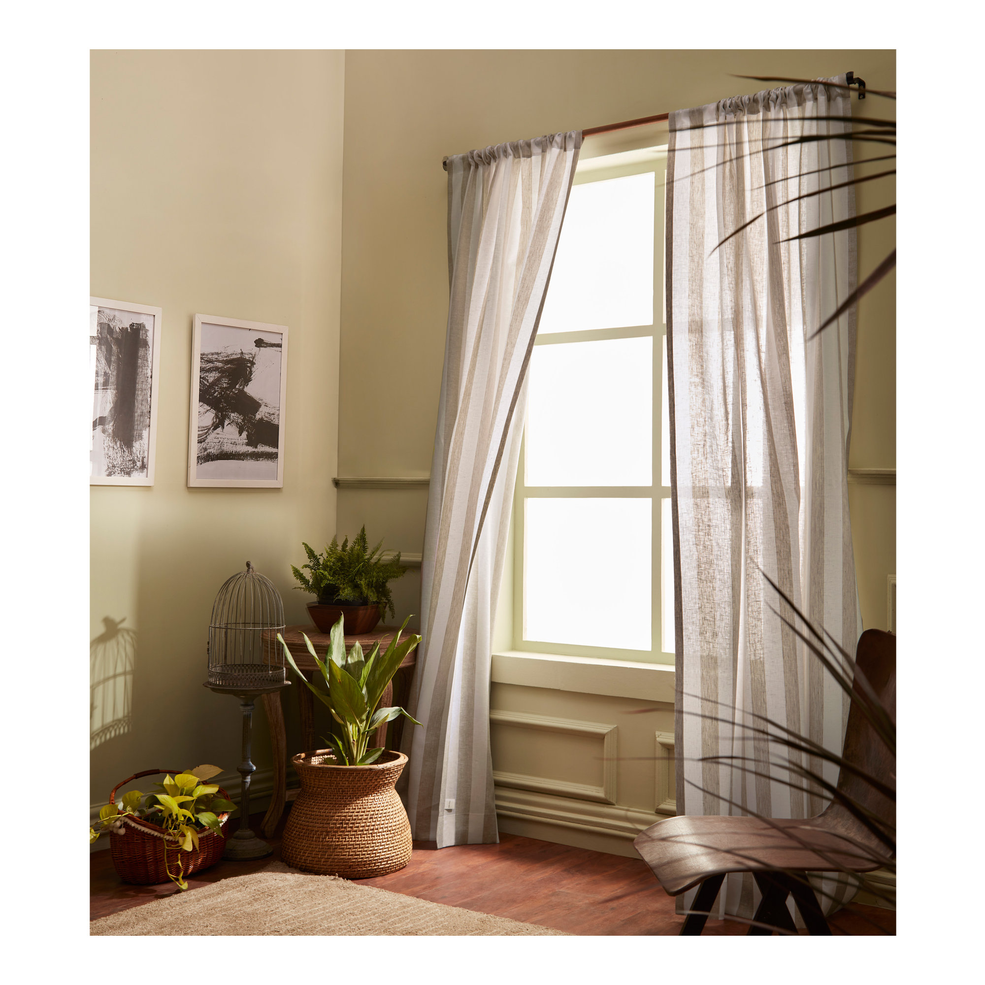 Stripe - 100% Pure Linen Curtain, 52" W x 108" L, Natural and White