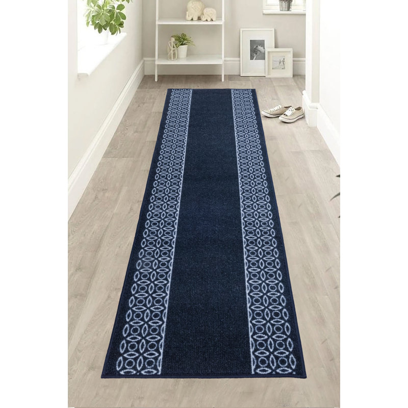 Custom Size Berber Style Chain Bordered Dark Blue Low Pile Slip Resistant Runner Rugs by Feet, Runner 2'2" x 9'