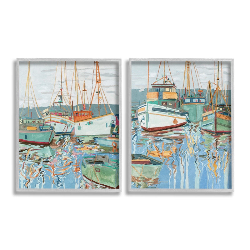 «Marina Ships Reflection Single Frame» par Melissa Wang, 2 pièces sur toile, H 14 po x l 11 po, Giclée encadrée noir minuit