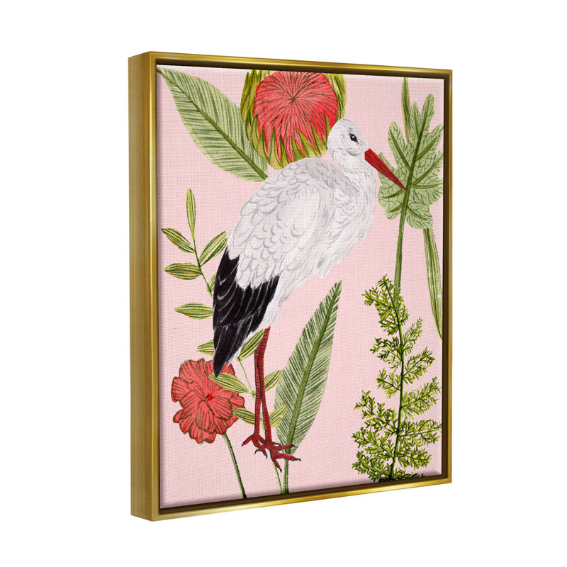 Giclée d'oiseaux botaniques roses par Melissa Wang, H 21 po x l 17 po x P 1,7 po, Cadre flottant métallique doré