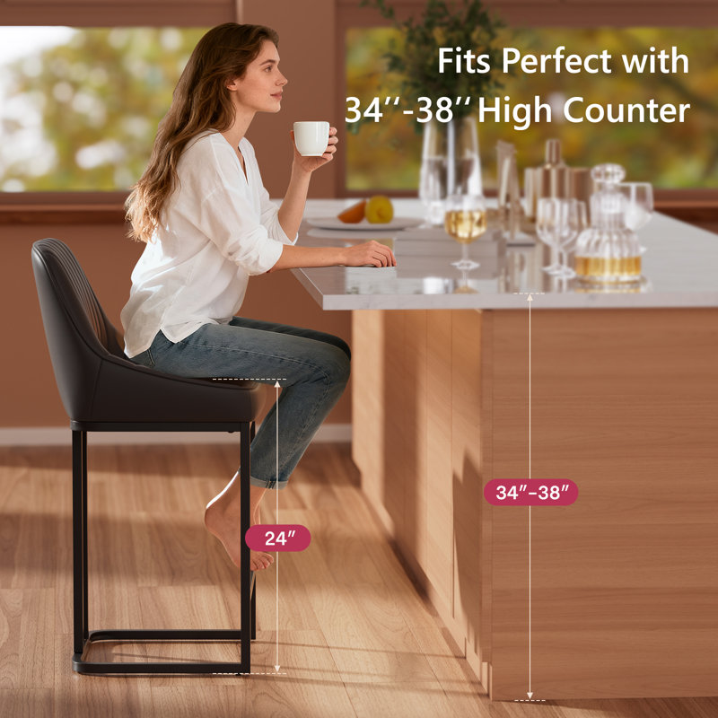Bar Stools Set of 2, 24 Inch Barstools with Metal Legs, Black Leather Farmhouse Upholstered Counter Height Bar Stool for Kitchen, Dining, Bar
