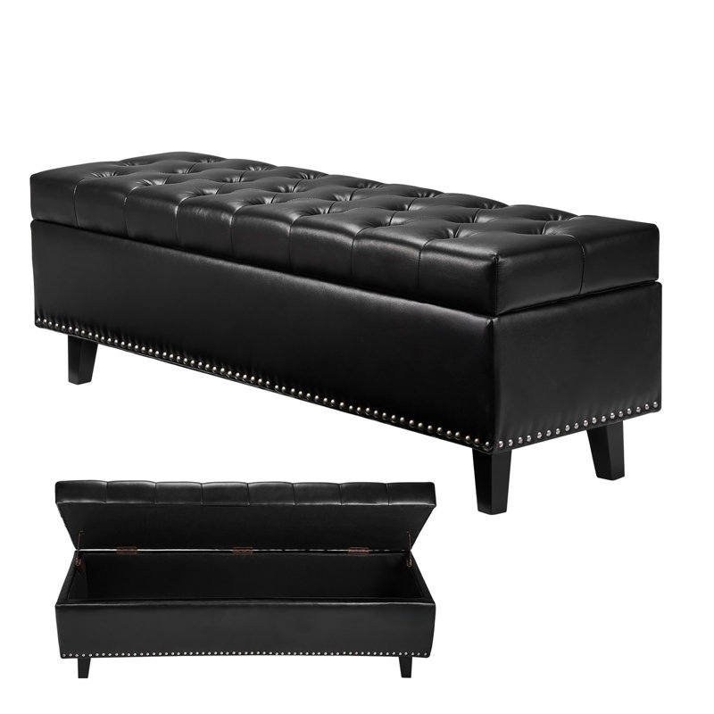 Banc en cuir de polyuréthane capitonné à boutons avec pieds en bois et rangement noir