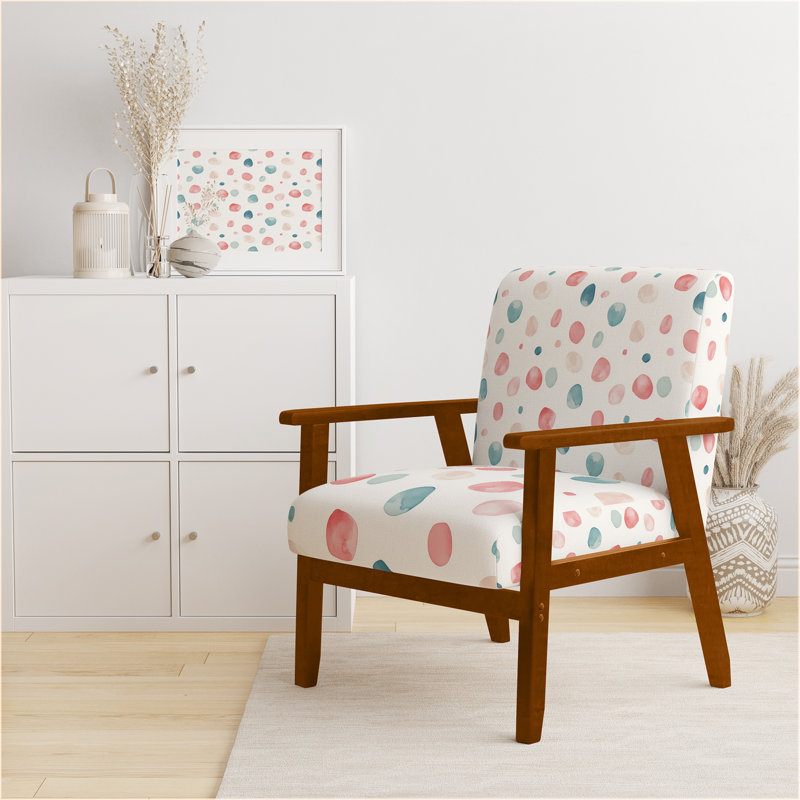 Chaise rembourrée à pois rose pastel, Accoudoirs carrés bruns