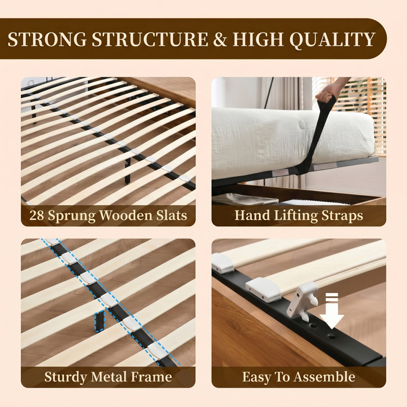Wooden Full Bed Frame with Lift Up Storage, No Box Spring Needed, Rustic Brown, Full, Rustic Brown