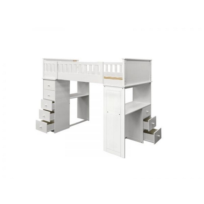 Lit mezzanine simple avec 8 tiroirs et 1 bureau Gael, blanc, Blanc