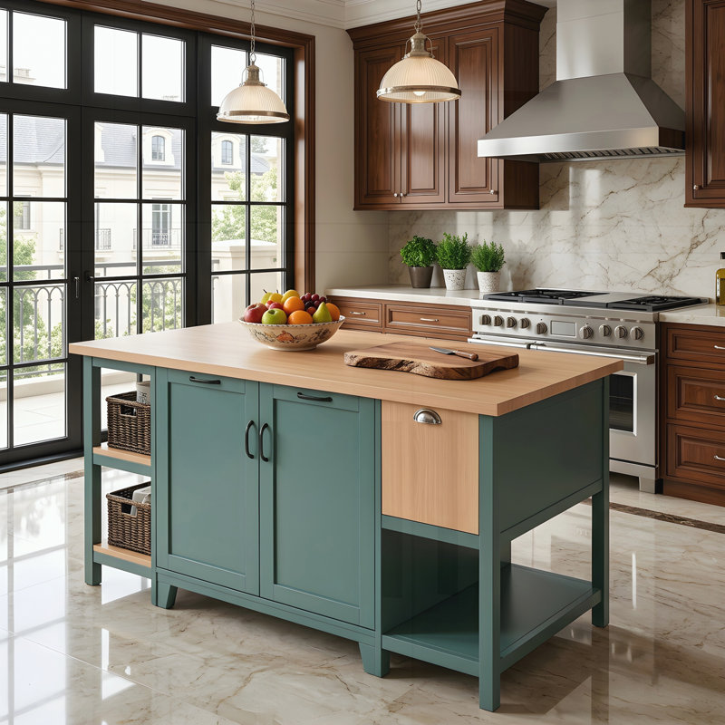 Îlot de cuisine, table de préparation en bois avec tiroirs de rangement, armoires et étagères ouvertes, Vert
