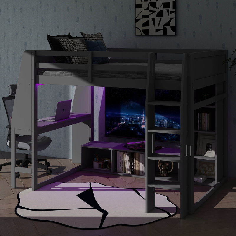 Full-Size Wooden Gaming Loft Bed – Integrated Desk, Multiple Storage Units, Built-In Lighting & Clothes Hanging Rack