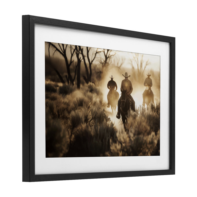 «Riders Of The West», reproduction sous verre encadrée, conception par Lazar Studio, H 14 po x l 20 po, Cadre noir minuit