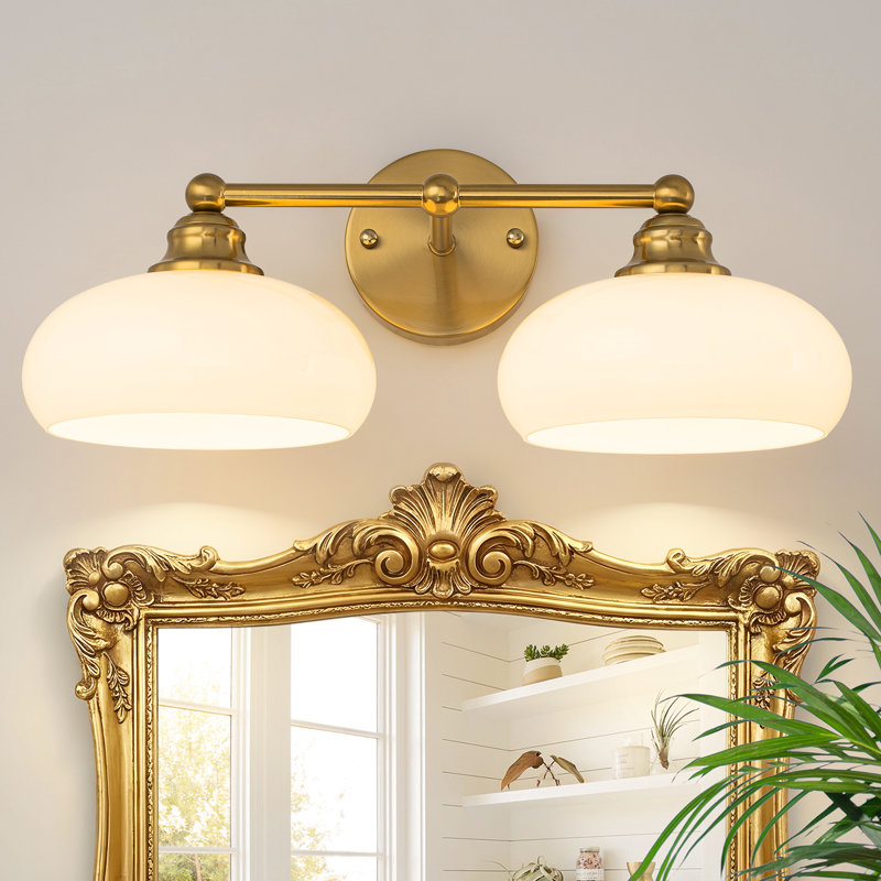 2-light Vintage Wall Sconces Bathroom Vanity Light With Milk Glass Shade, Brushed Gold