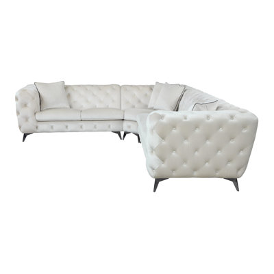 Beige Fabric Sectional Couch , 4 Pillows Included, Pocket Coil, Kd Legs, Wooden Inner Frame, Metal Button , 5 Seat Upholstered , Coil Seating, 108in. Depth, 133in. Width