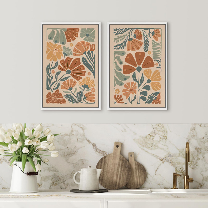 Botanical Charm Floral Designs In Earth Tones, art moderne, décoration murale, nature nordique, 2 pièces, Blanc