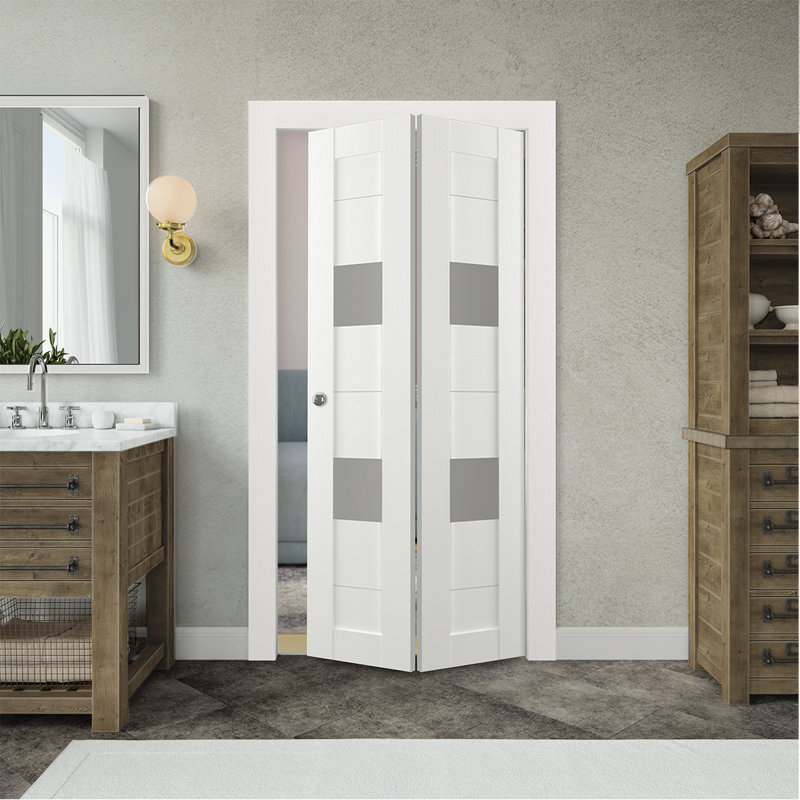 Porte pliante en bois manufacturé et en verre Berta, 48 po x 79,38 po, Blanc