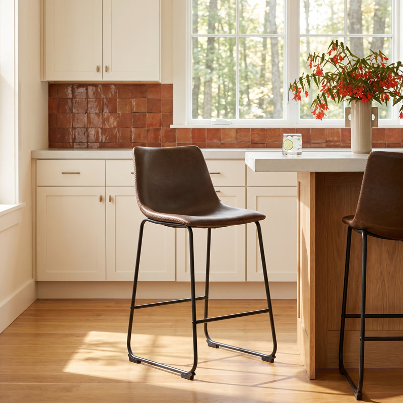 Nia Vegan Leather Bar & Counter Stool, Brown Distressed, Counter Stool (24" Seat Height), Black